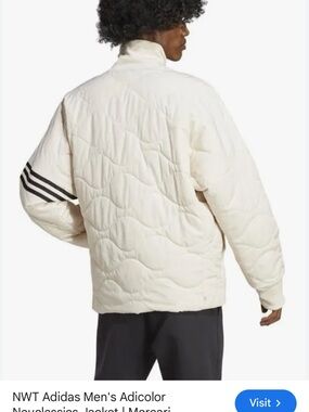 adidas Men's Quilted Puff Jacket in Off-White with Black Stripes